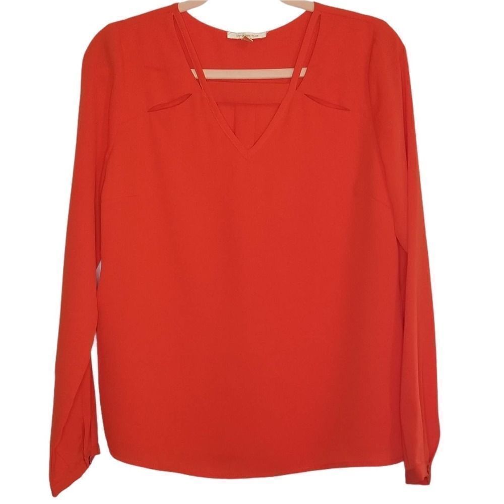 Skies Are Blue Neon Orange Cutout V-Neck Long Sleeve Blouse